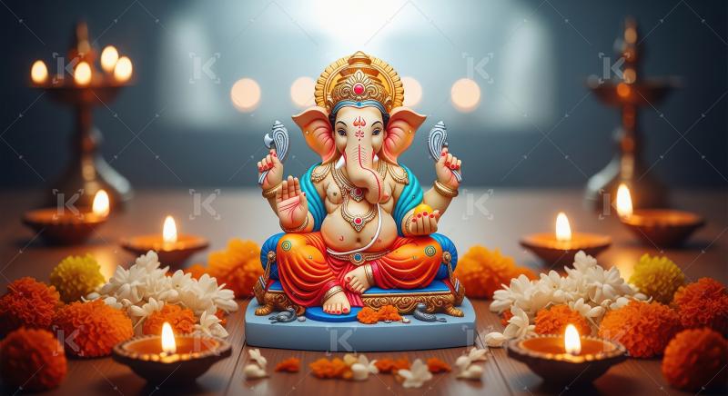 Beautiful statue of lord ganesha with colorful flowers and oil l