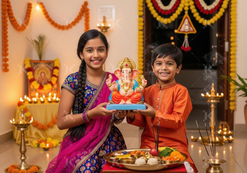 Happy indian brother and sister celebrating ganesh chaturthi fes