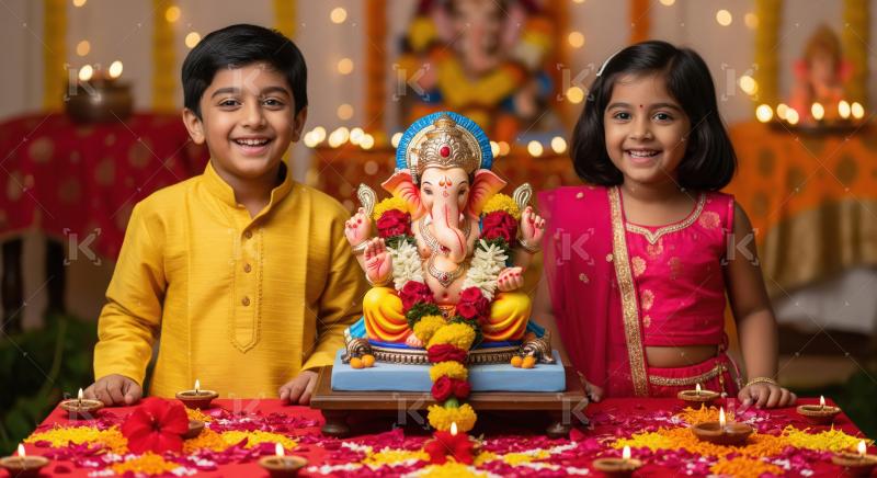 Happy indian brother and sister celebrating ganesh chaturthi fes