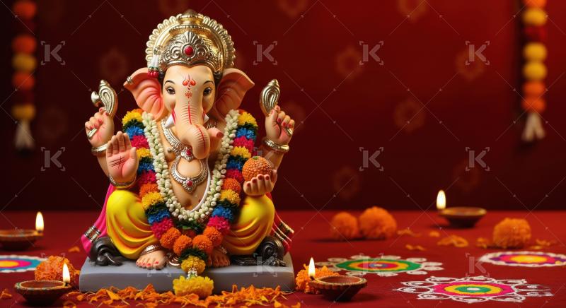 Beautiful statue of lord ganesha with colorful flowers and oil l