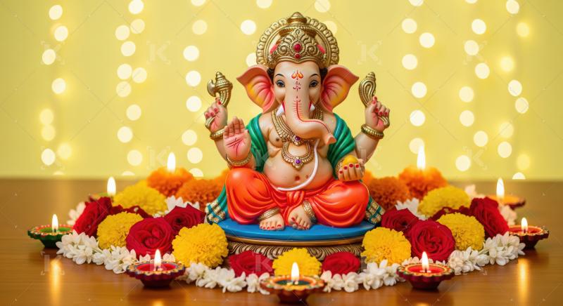 Beautiful statue of lord ganesha with colorful flowers and oil l
