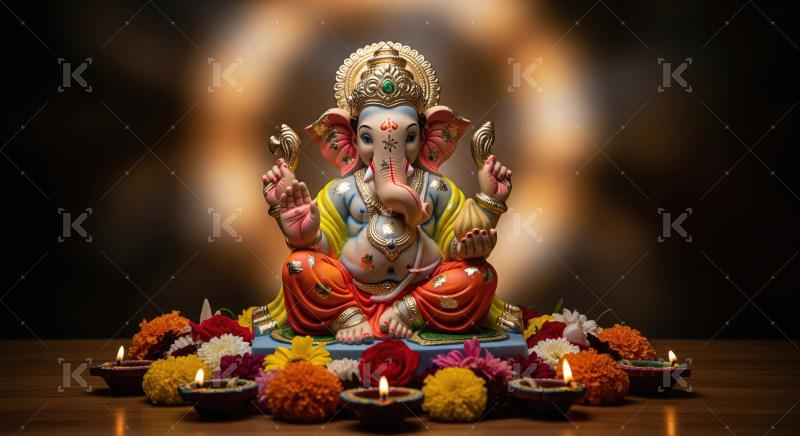 Beautiful statue of lord ganesha with colorful flowers and oil l