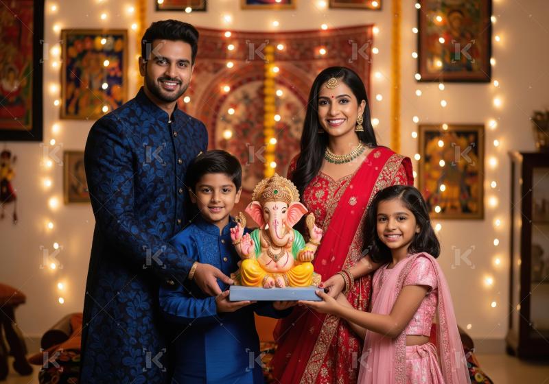 Happy indian family standing together and holding lord ganesha s