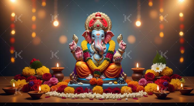 Beautiful statue of lord ganesha with colorful flowers and oil l
