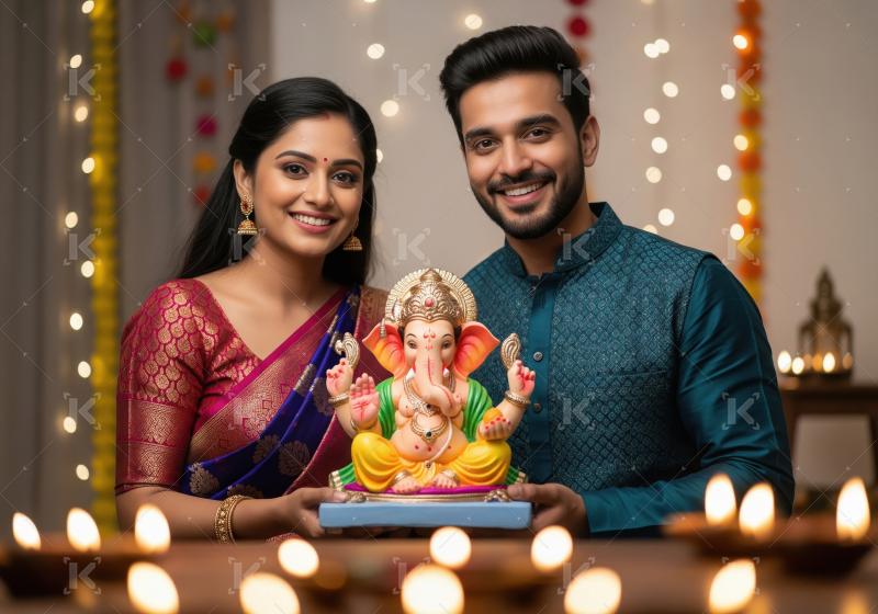 Young indian couple standing together and holding lord ganesh st
