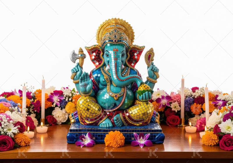Beautiful statue of lord ganesha with colorful flowers and oil l