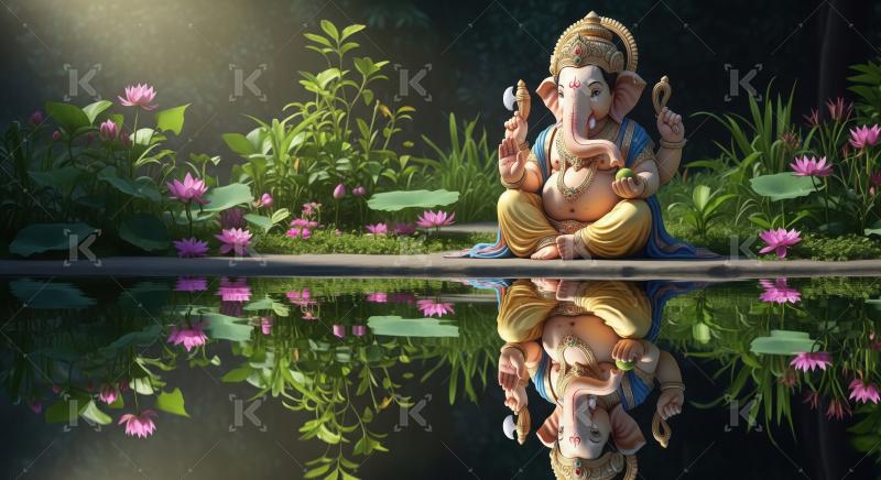 Beautiful statue of lord ganesha with colorful flowers and oil l