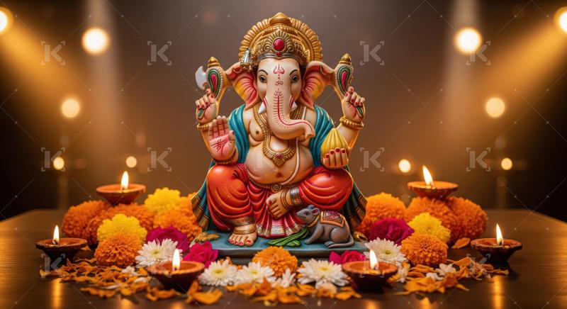 Beautiful statue of lord ganesha with colorful flowers and oil l
