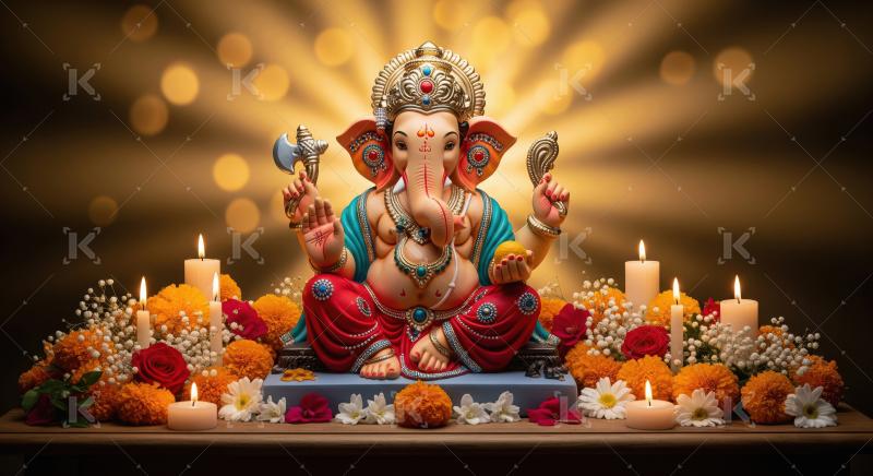 Beautiful statue of lord ganesha with colorful flowers and oil l