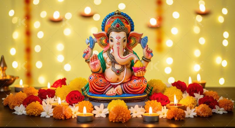 Beautiful statue of lord ganesha with colorful flowers and oil l