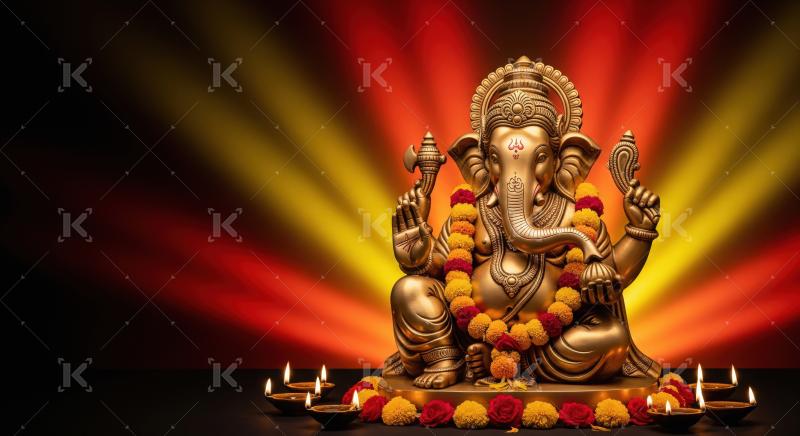 Beautiful statue of lord ganesha with colorful flowers and oil l
