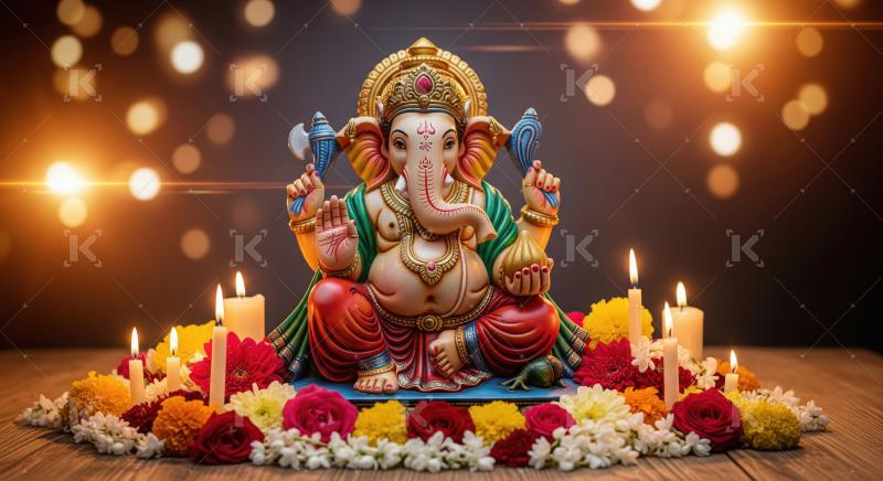 Beautiful statue of lord ganesha with colorful flowers and oil l