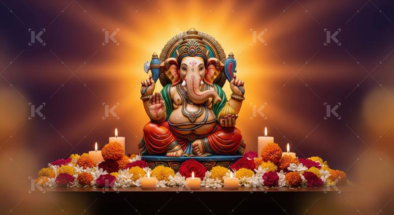 Beautiful statue of lord ganesha with colorful flowers and oil l