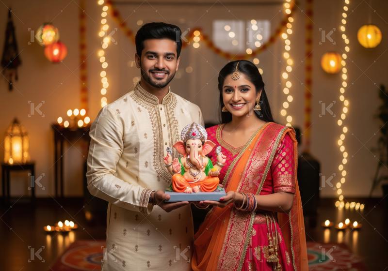 Young indian couple standing together and holding lord ganesh st
