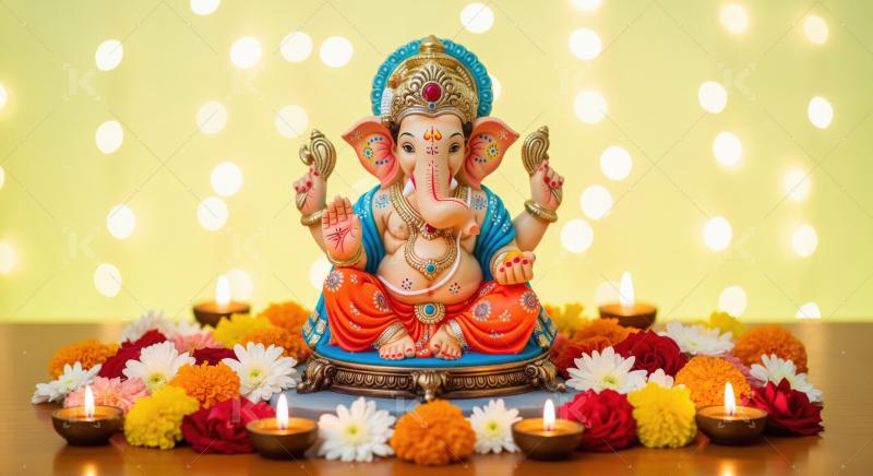 Beautiful statue of lord ganesha with colorful flowers and oil l