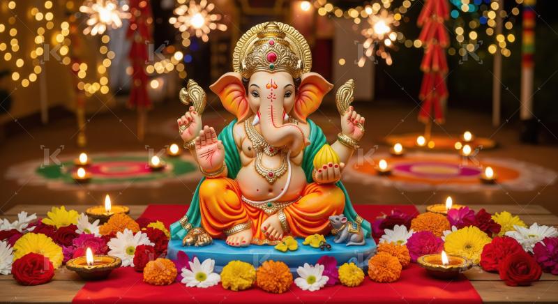 Beautiful statue of lord ganesha with colorful flowers and oil l