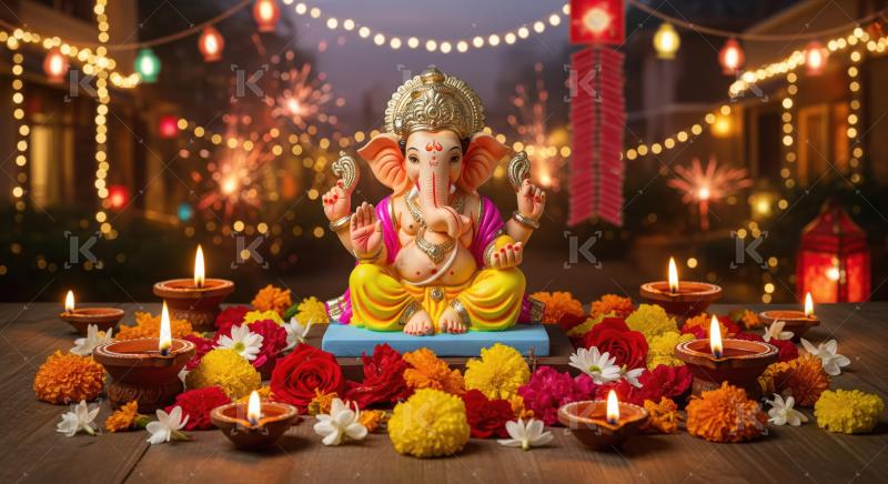 Beautiful statue of lord ganesha with colorful flowers and oil l