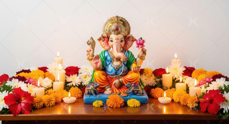 Beautiful statue of lord ganesha with colorful flowers and oil l