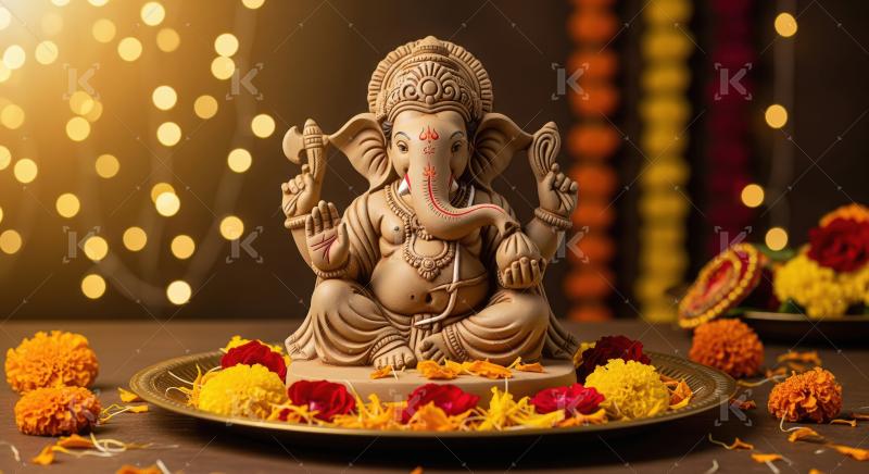 Beautiful statue of lord ganesha with colorful flowers and oil l