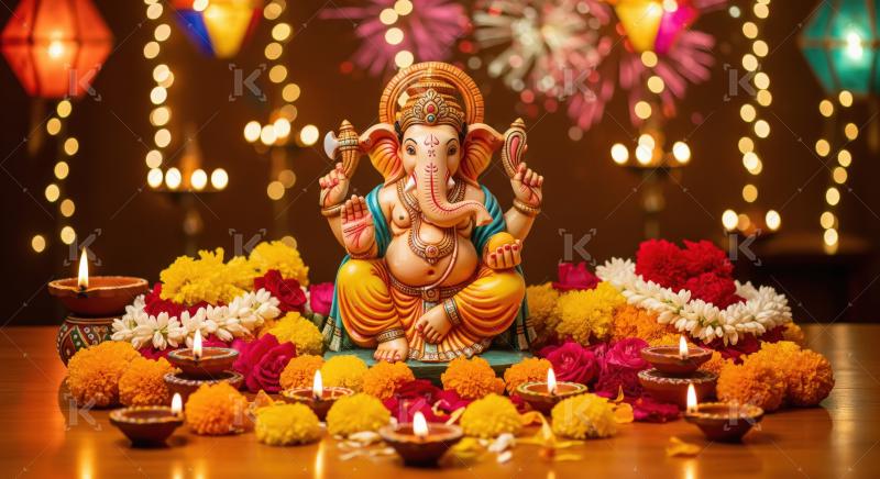 Beautiful statue of lord ganesha with colorful flowers and oil l