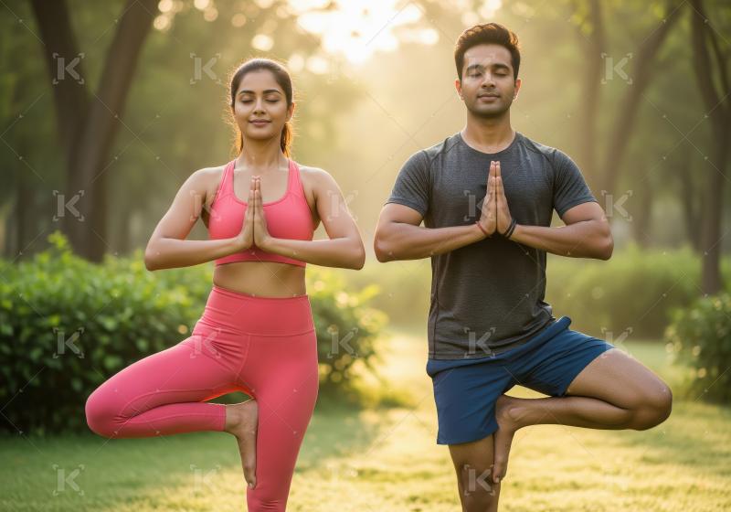 Young indian couple doing yoga in the park