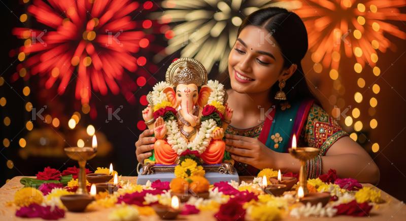 Young indian woman sitting with lord ganesha statue