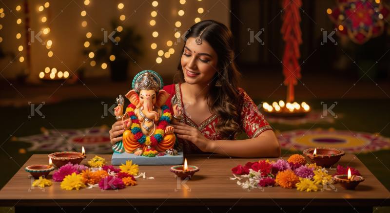 Young indian woman sitting with lord ganesha statue