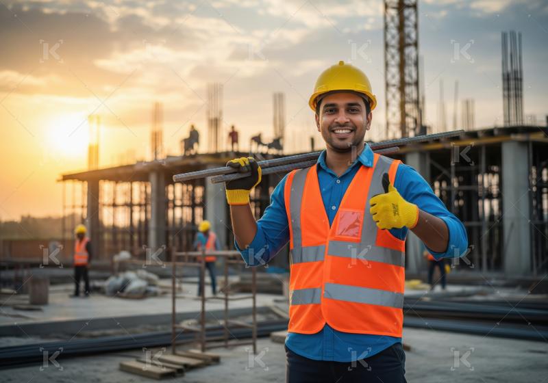 Indian construction worker holding metal rod at construction sid