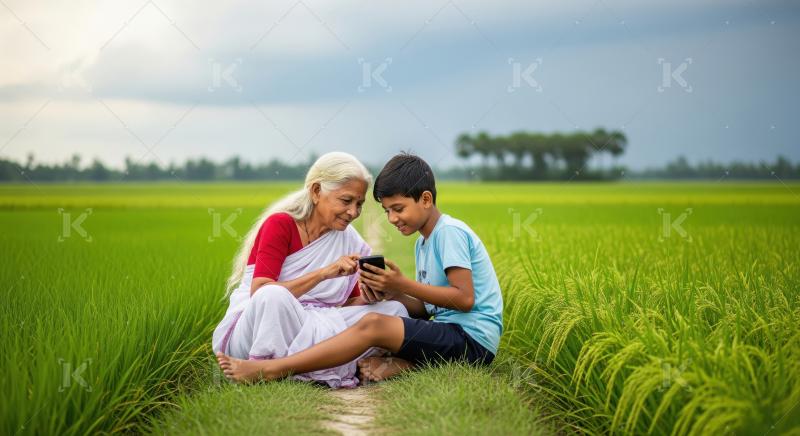 Indian grandmother and grandson using smartphone together at gre