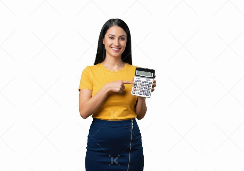 Young indian woman pointing with finger holding calculator