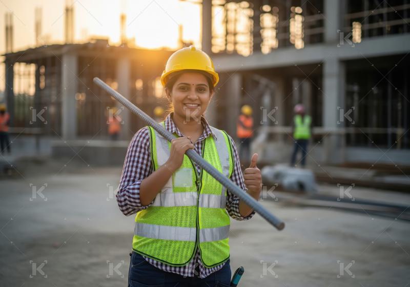 Young indian female construction worker holding metal rod at con