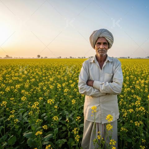 Elderly indian farmer standing at green agricultural field