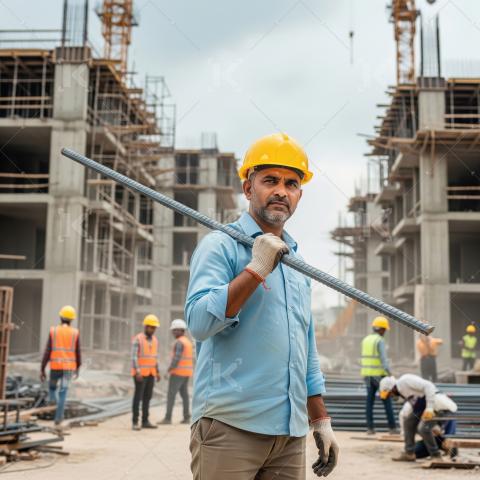 Senior indian construction worker holding metal rod at construct