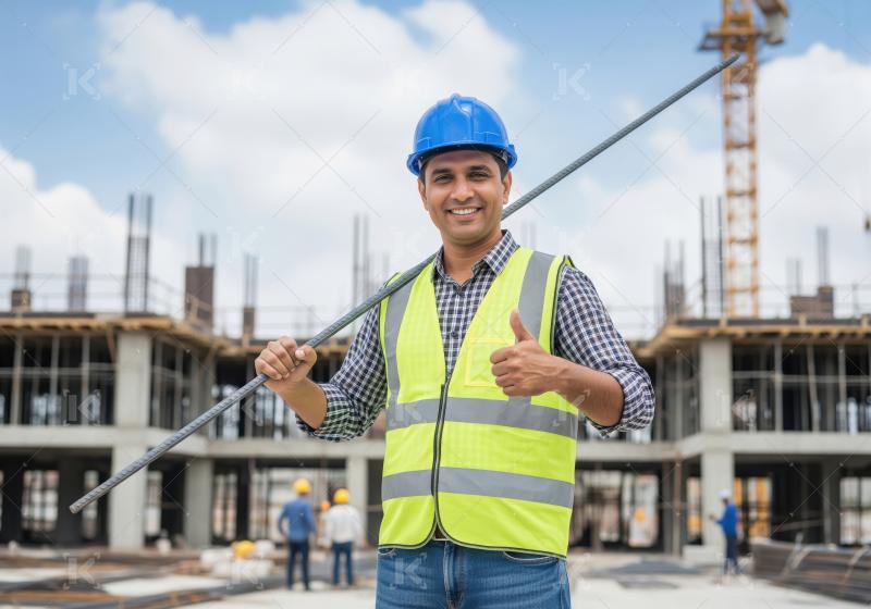 Senior indian construction worker holding metal rod at construct
