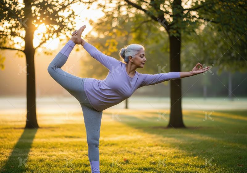 Happy senior indian woman doing yoga at park