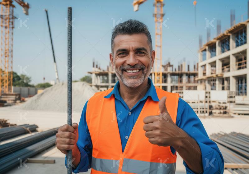 Senior indian construction worker holding metal rod at construct