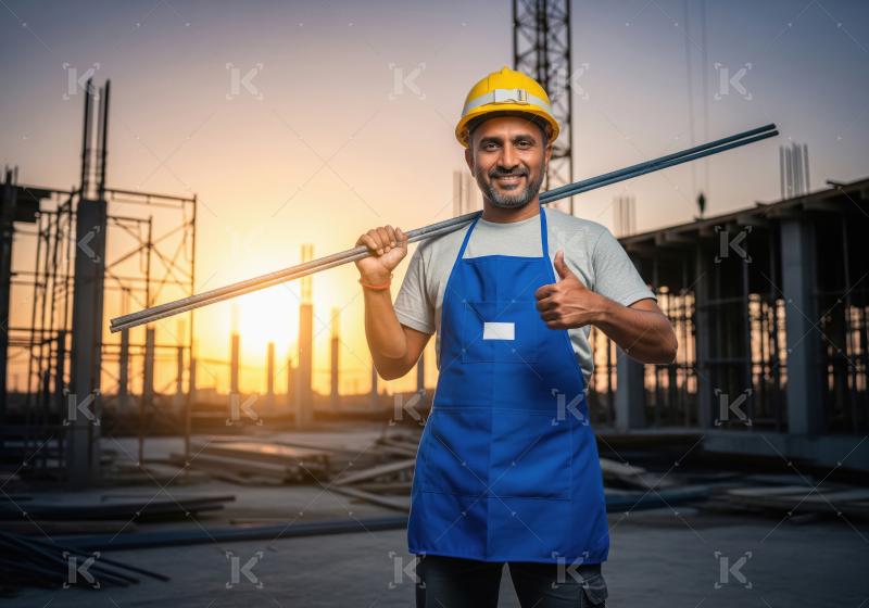 Senior indian construction worker holding metal rod at construct