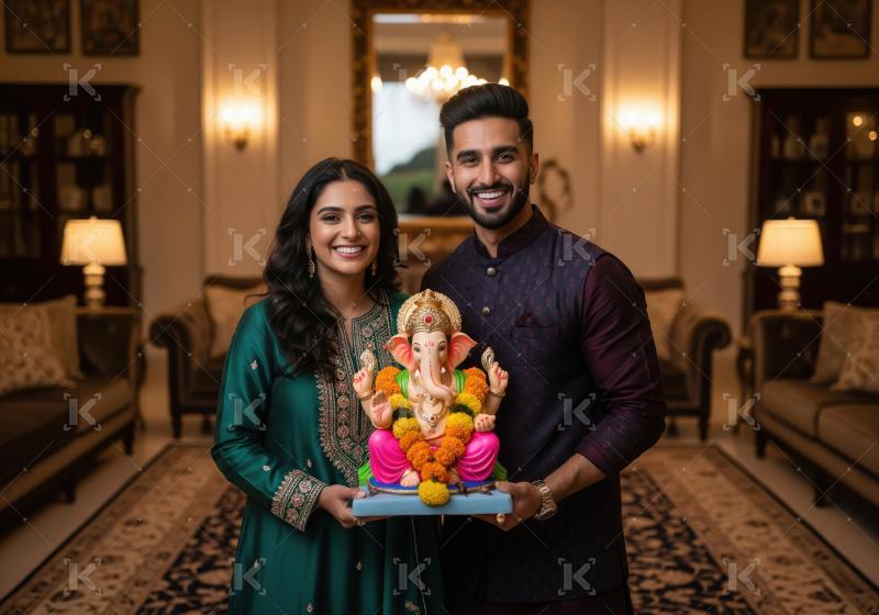 Young indian couple standing together and holding lord ganesh st