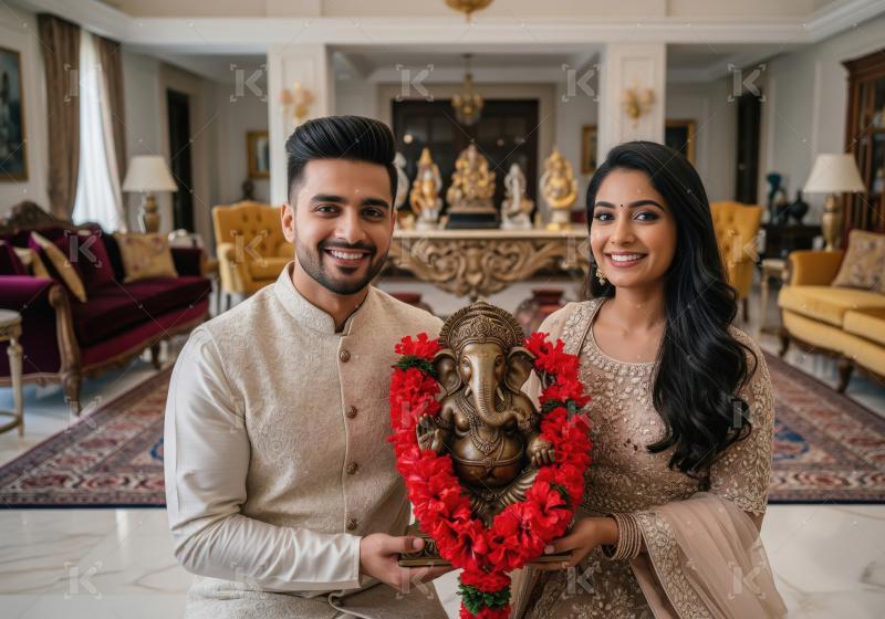Young indian couple standing together and holding lord ganesh st