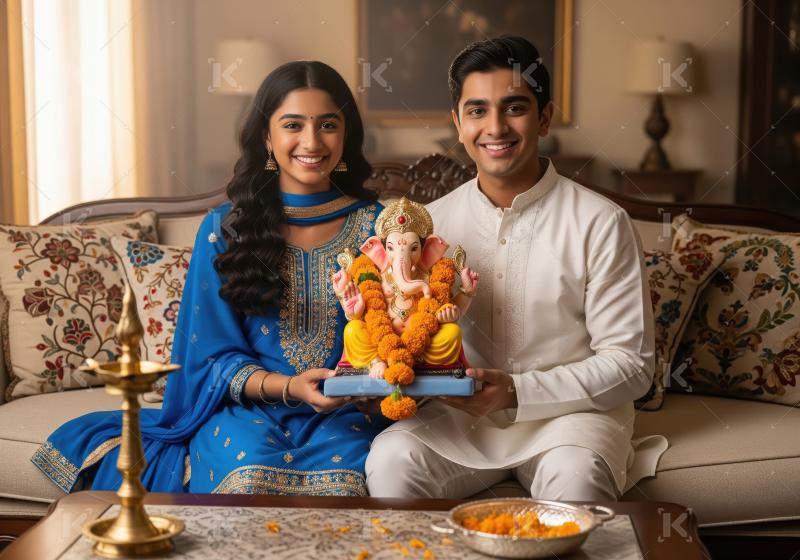 Young indian couple standing together and holding lord ganesh st