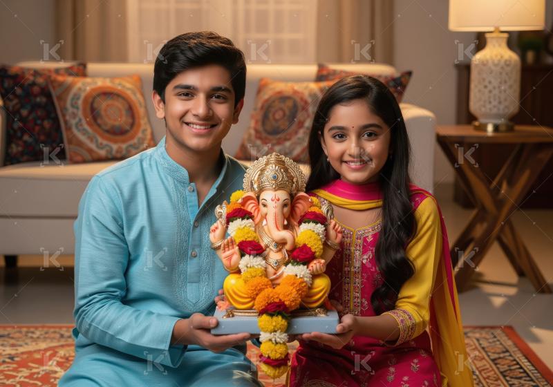 Happy indian brother and sister with lord ganesha statue