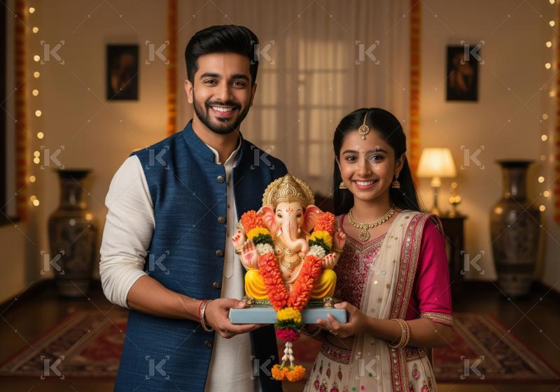 Young indian couple standing together and holding lord ganesh st
