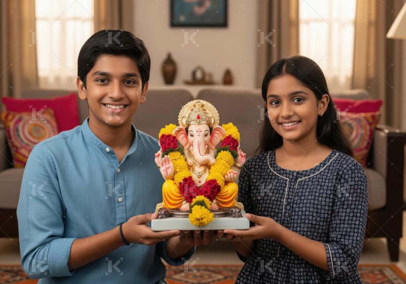 Happy indian brother and sister with lord ganesha statue