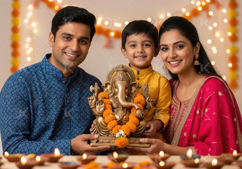 Happy indian family celebrating ganesh chaturthi festival togeth