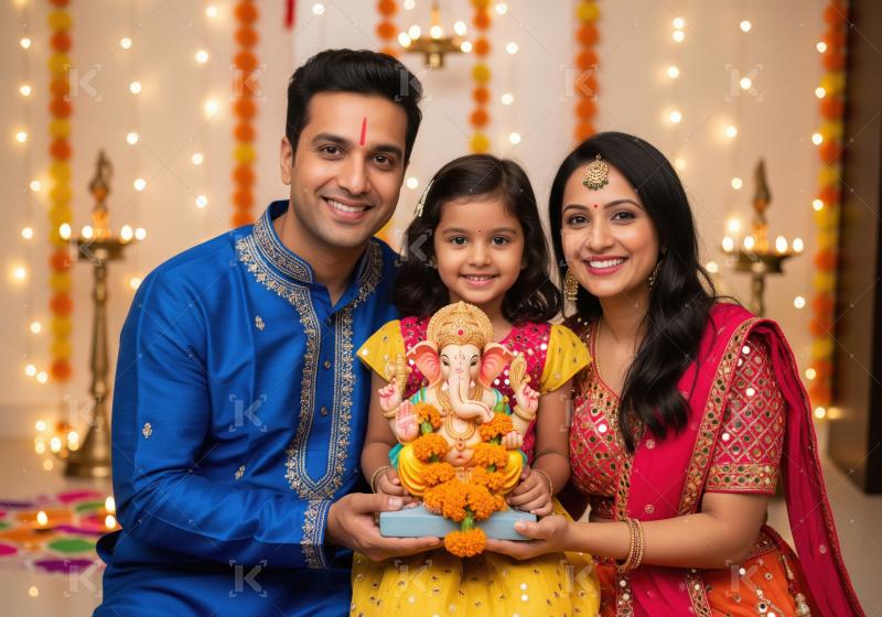 Happy indian family celebrating ganesh chaturthi festival togeth