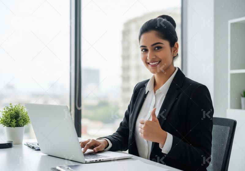 Young indian female financial professional working on laptop at