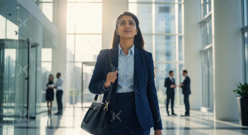 Young indian business woman holding bag walking at office