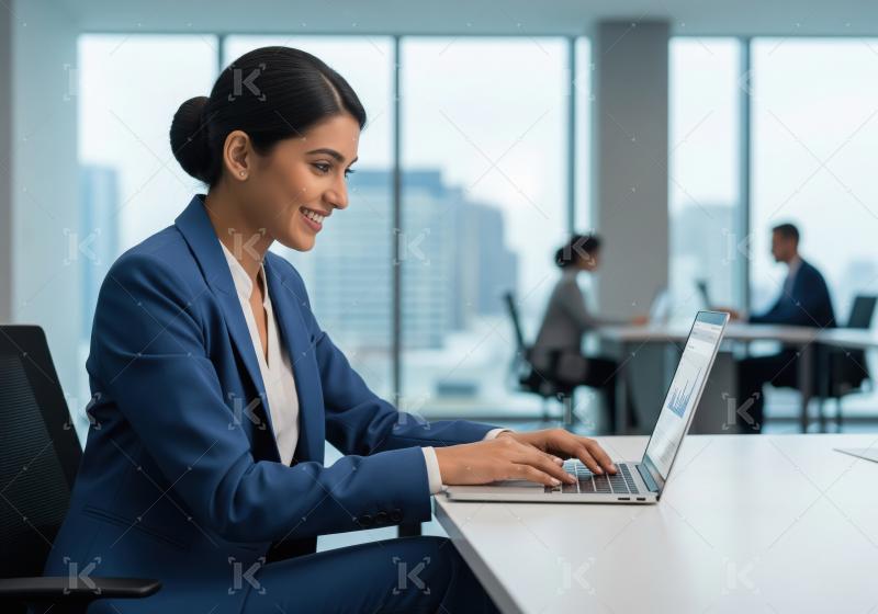 Young indian female financial professional working on laptop at