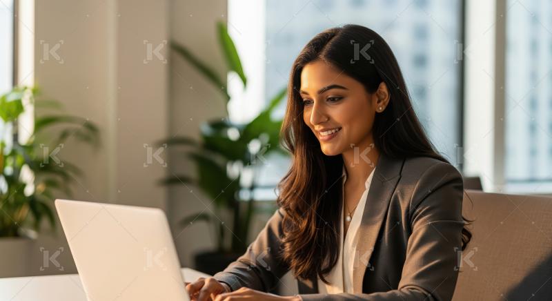 Young indian female financial professional working on laptop at
