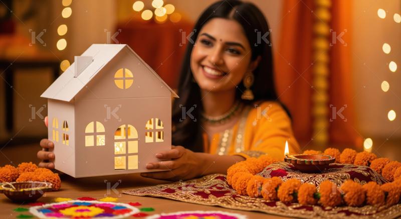 Young beautiful indian woman holding house model and money